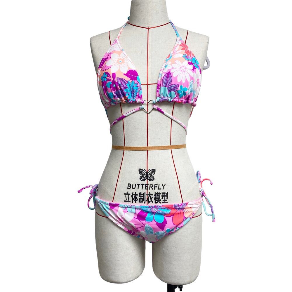 Breaking Waves Womens Size L Floral Pink Glitter Reversible Bikini